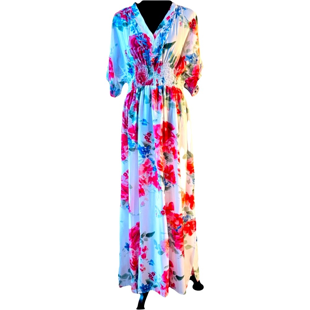 Pink and Blue Maxi Dress with V-Neck and Kimono Sleeves